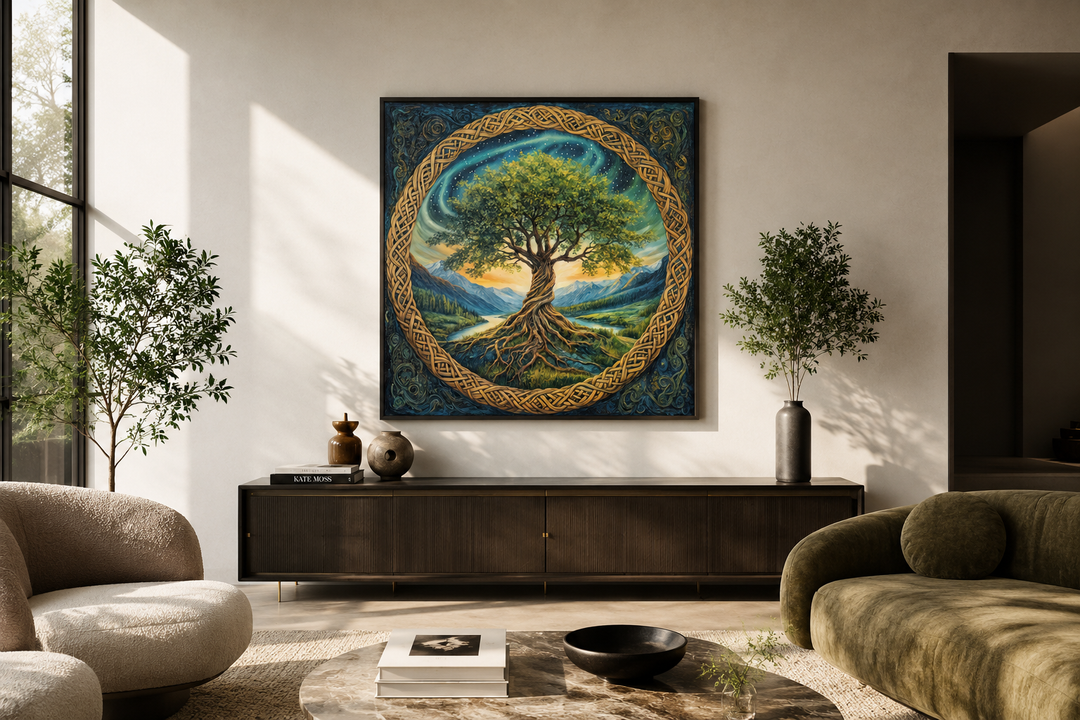 Green Celtic Tree of Life framed canvas wall art hanging above a dark wood sideboard in a room.