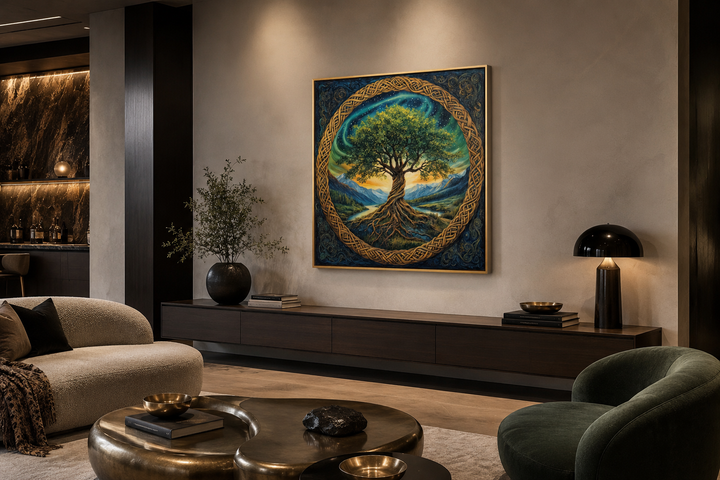 Green Celtic Tree of Life framed canvas wall art with golden knots in a modern living room setting.