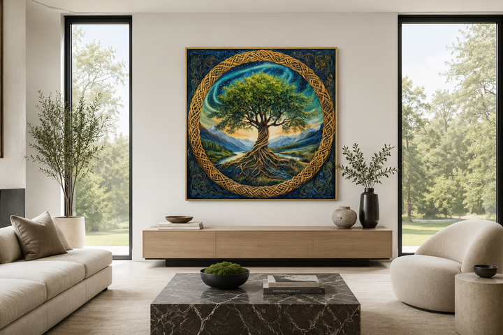 Green Celtic Tree of Life framed canvas wall art with golden knots in a modern living room.