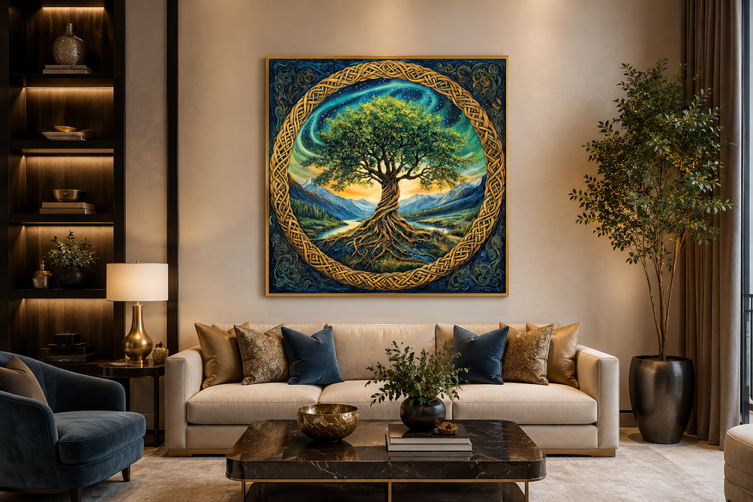 Green Celtic Tree of Life framed canvas wall art hanging above a sofa in a modern living room.