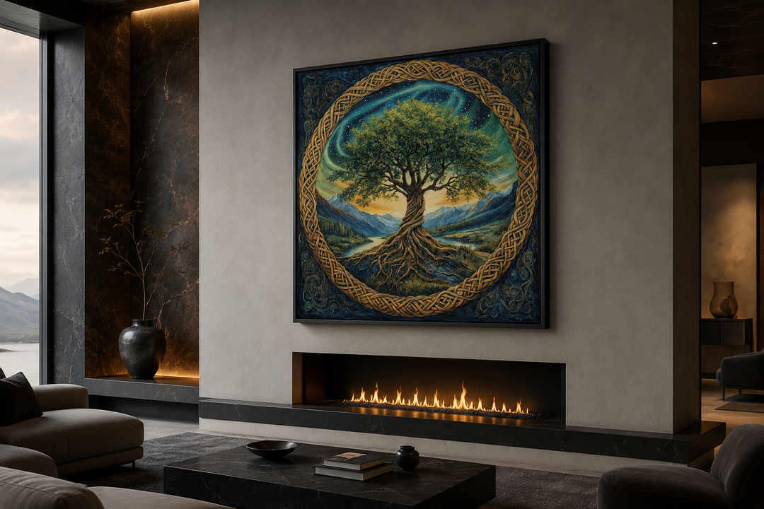 Green Celtic Tree of Life framed canvas wall art hanging above a modern fireplace in a living room.