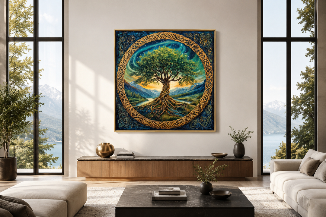 Green Celtic Tree of Life framed canvas wall art hanging in a modern living room.
