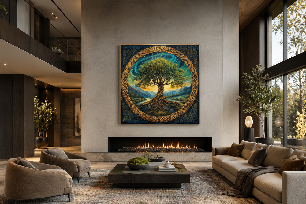 Green Celtic Tree of Life framed canvas wall art hanging above a fireplace in a modern living room.