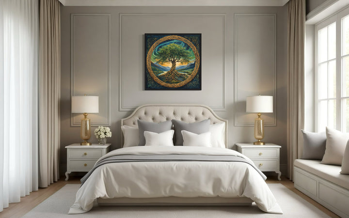 Green Celtic Tree Of Life Framed Canvas Wall Art in a bedroom with a white bed