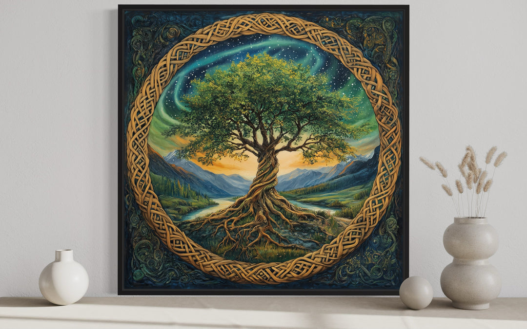 Green Celtic Tree of Life framed canvas wall art with intricate knots and a mountain landscape.