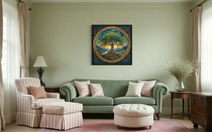 Green Celtic Tree Of Life Framed Canvas Wall Art in a living room filled with furniture