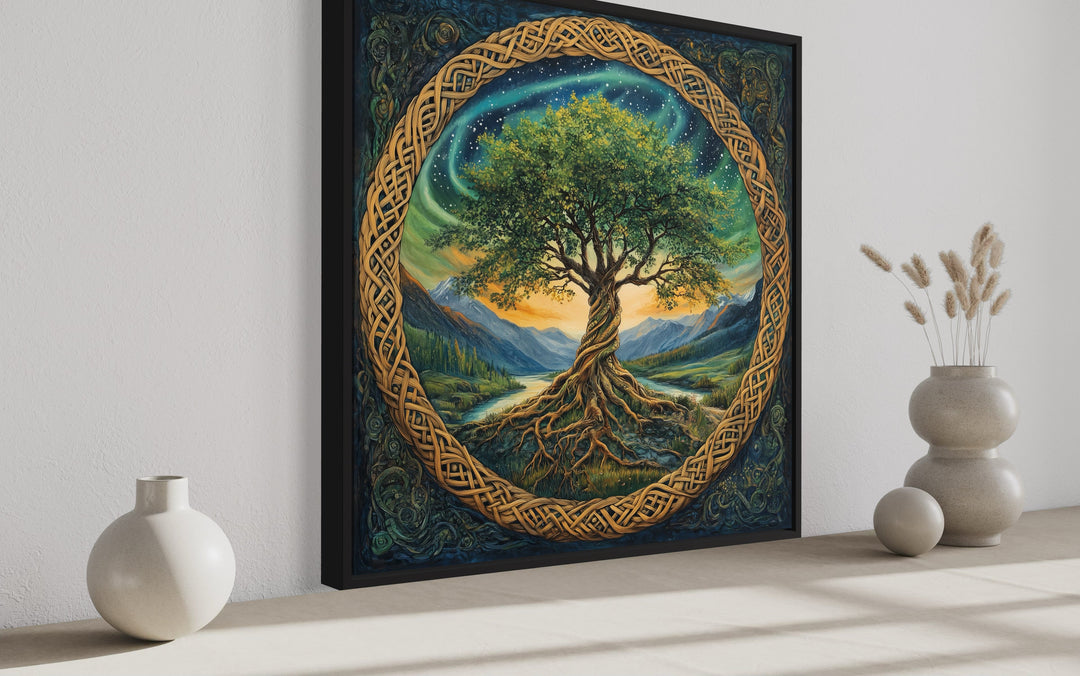 Green Celtic Tree of Life framed canvas wall art featuring intricate knots and a mountain landscape.