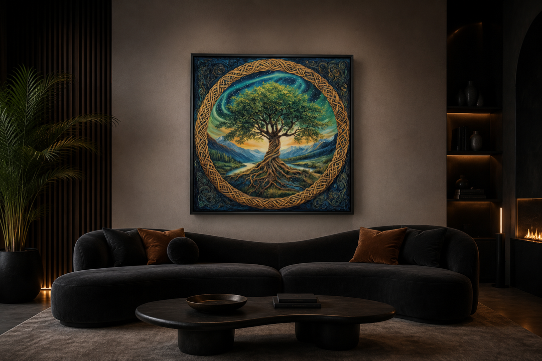 Green Celtic Tree of Life framed canvas wall art hanging above a dark curved sofa in a modern room.
