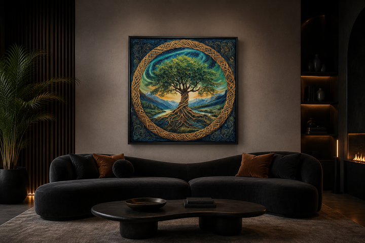 Green Celtic Tree of Life framed canvas wall art hanging above a dark curved sofa in a modern room.