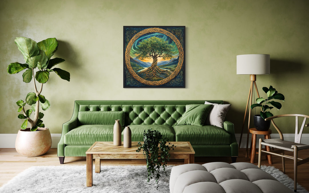 Green Celtic Tree Of Life Framed Canvas Wall Art in a living room with a green couch