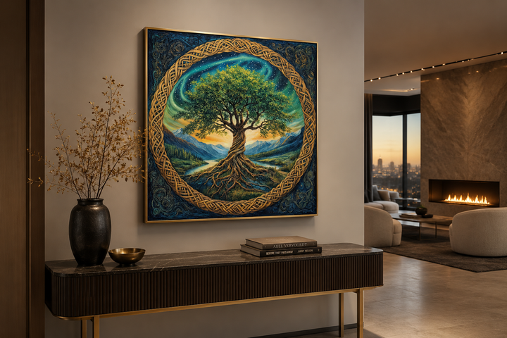 Framed canvas wall art of a green Celtic Tree of Life with intricate gold knots in a modern room.