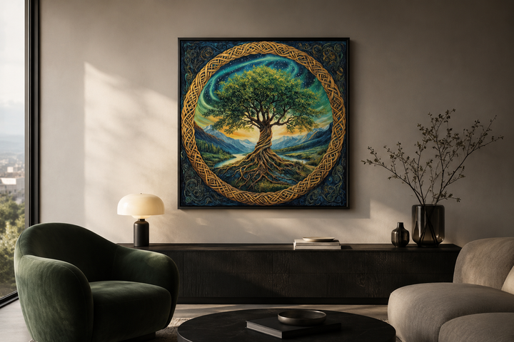 Green Celtic Tree of Life framed canvas wall art in a modern living room setting.