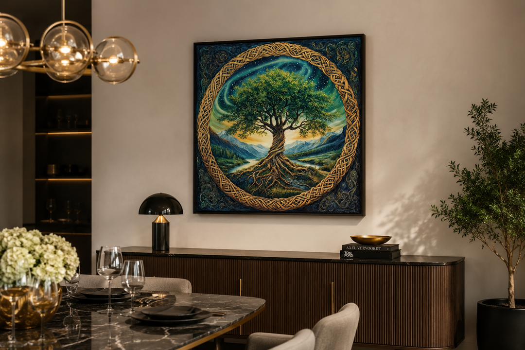 Green Celtic Tree of Life framed canvas wall art hanging above a sideboard in a dining room.