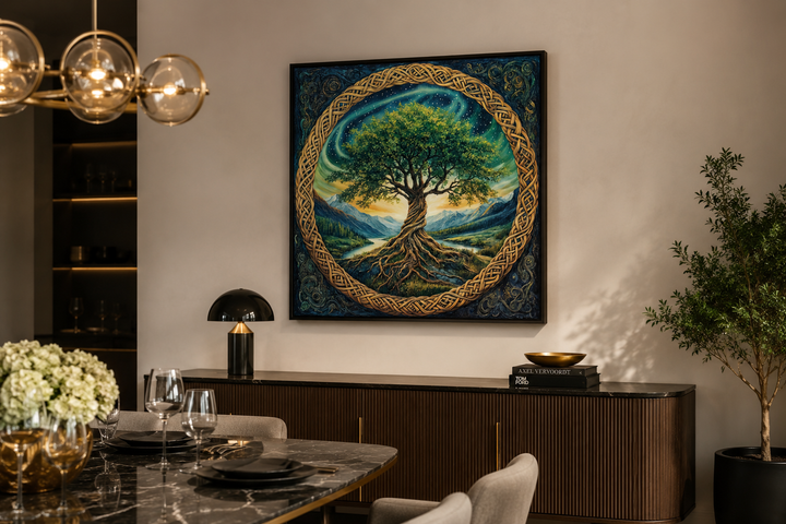 Green Celtic Tree of Life framed canvas wall art hanging above a sideboard in a dining room.