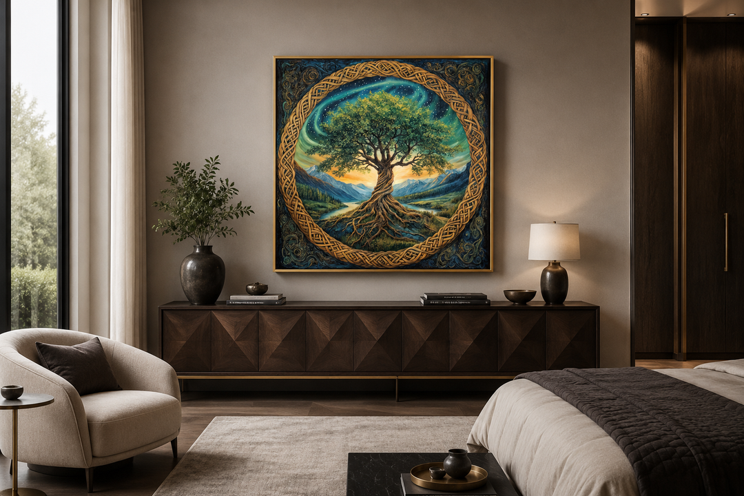 Green Celtic Tree of Life framed canvas wall art with golden knots above a dark wood sideboard.