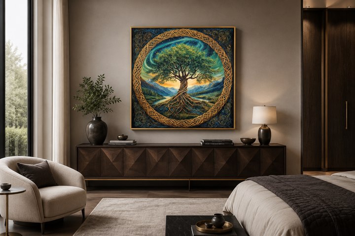 Green Celtic Tree of Life framed canvas wall art with golden knots above a dark wood sideboard.
