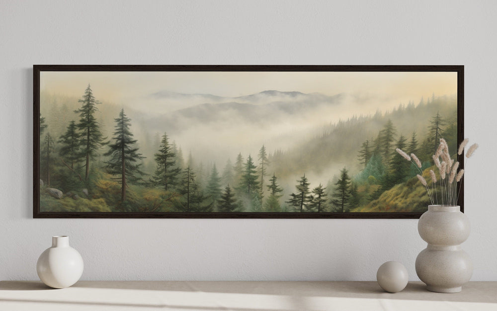 Green Foggy Forest Nature Landscape Horizontal Framed Canvas Wall Art