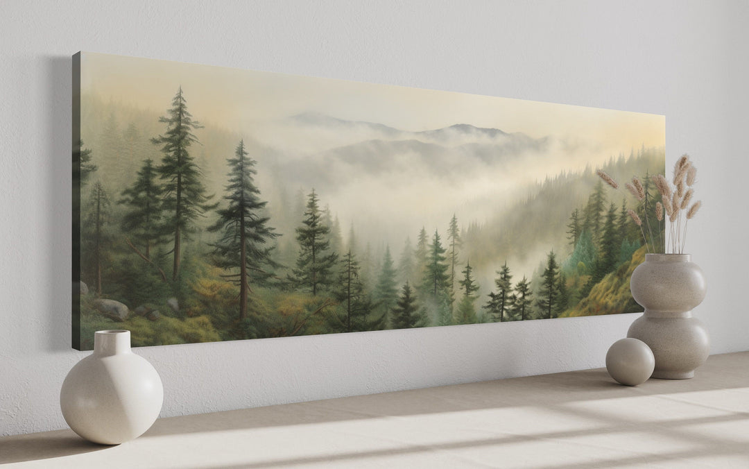 Green Foggy Forest Nature Landscape Horizontal Framed Canvas Wall Art