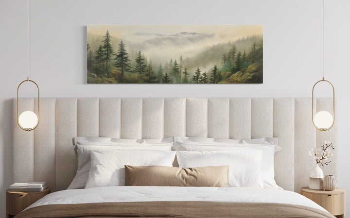 Green Foggy Forest Nature Landscape Horizontal Framed Canvas Wall Art