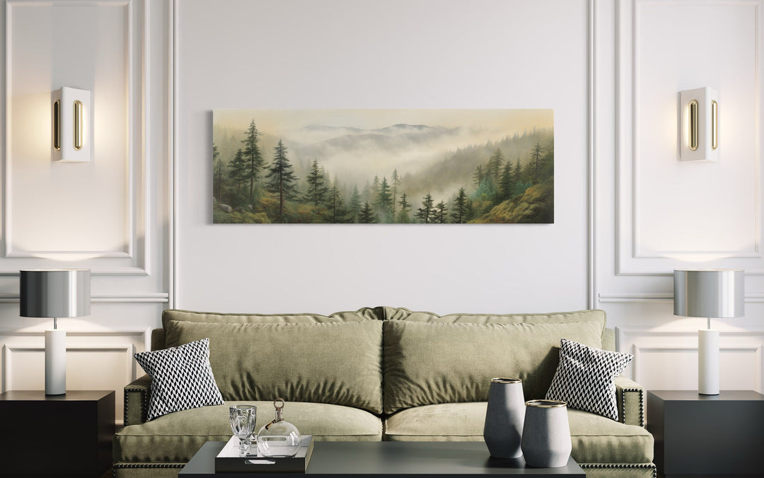 Green Foggy Forest Nature Landscape Horizontal Framed Canvas Wall Art