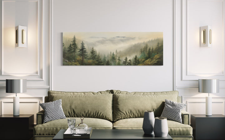 Green Foggy Forest Nature Landscape Horizontal Framed Canvas Wall Art