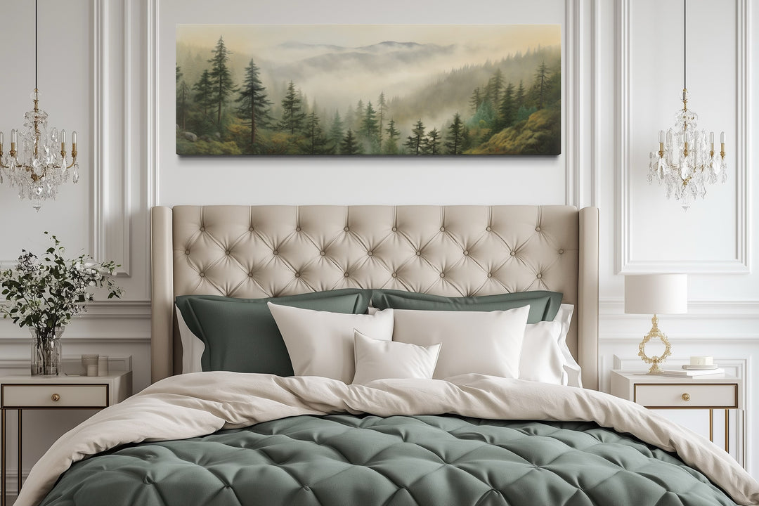 Green Foggy Forest Nature Landscape Horizontal Framed Canvas Wall Art