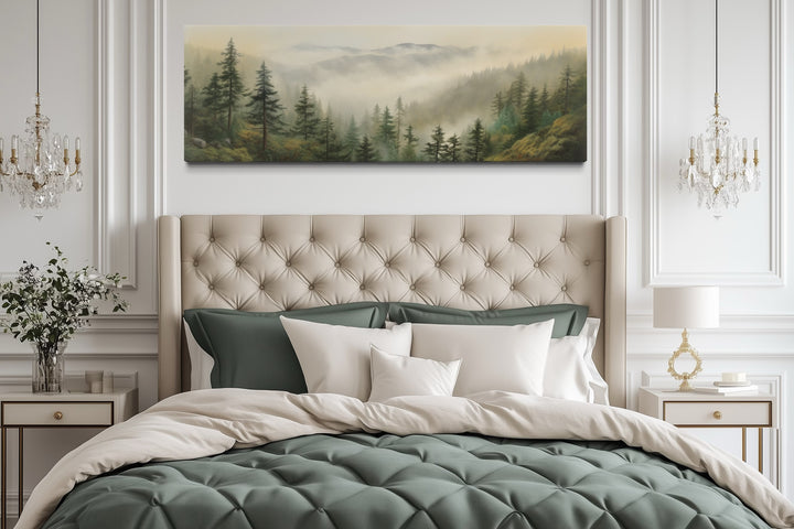 Green Foggy Forest Nature Landscape Horizontal Framed Canvas Wall Art