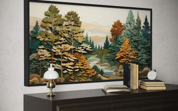 Green Forest River Layered Wood Painting Framed Canvas Wall Art For Cabin