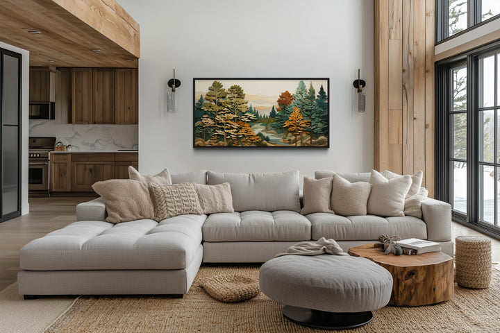 Green Forest River Layered Wood Painting Framed Canvas Wall Art For Cabin