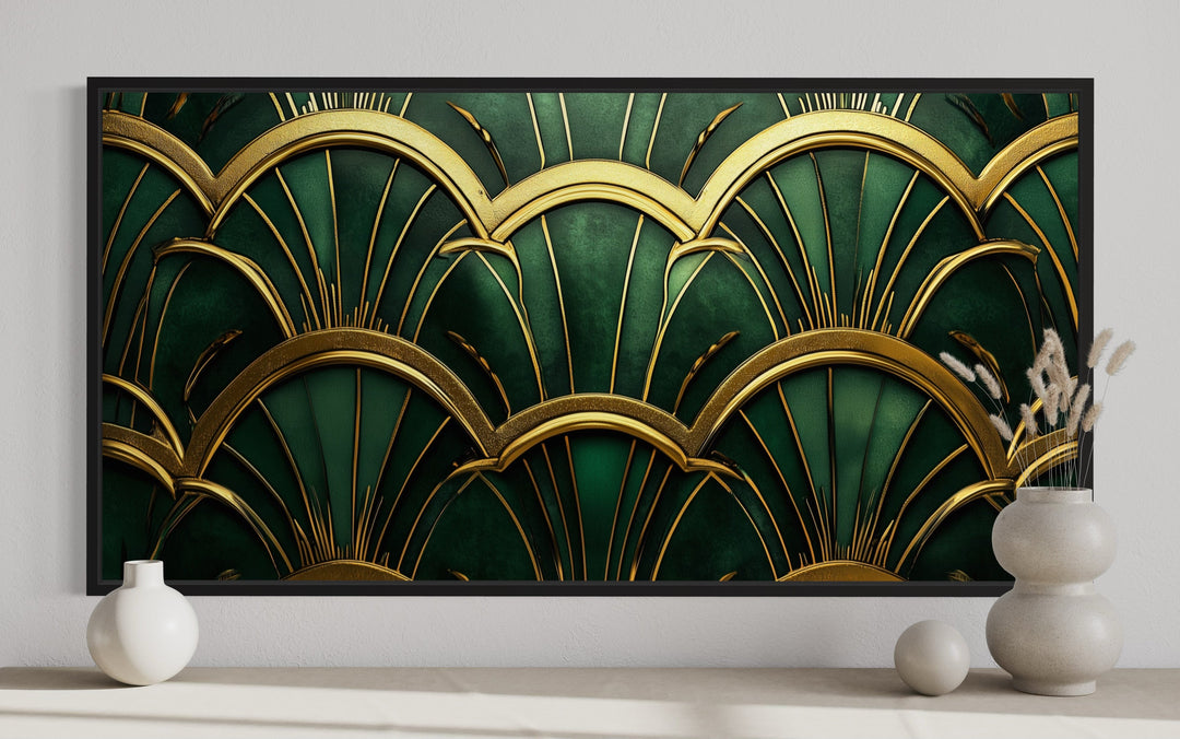 Green Gold Art Deco Horizontal Framed Canvas Wall Art