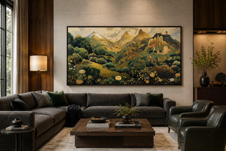 Green gold Art Nouveau floral landscape framed canvas wall art above a dark grey sectional sofa.