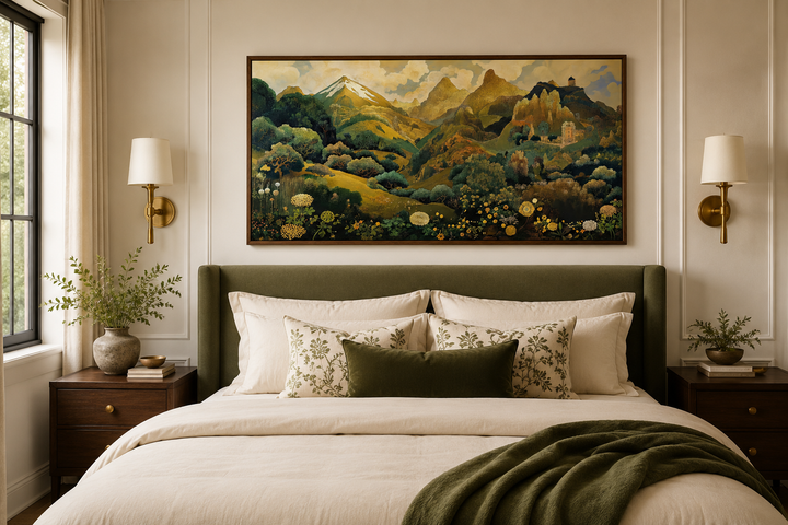 Green and gold Art Nouveau floral landscape framed canvas wall art hanging above a bed.