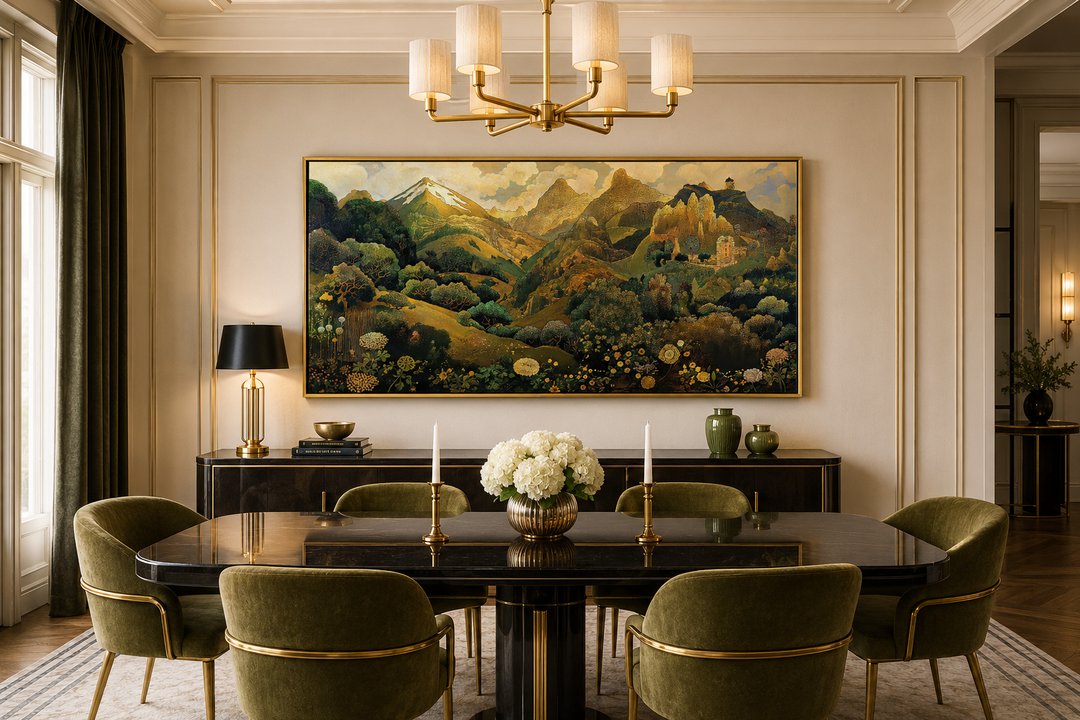 Green gold Art Nouveau floral landscape framed canvas wall art above a dining table.