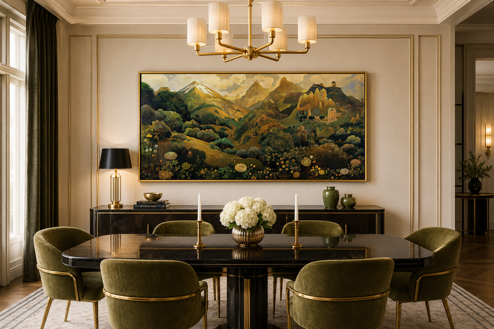 Green gold Art Nouveau floral landscape framed canvas wall art above a dining table.