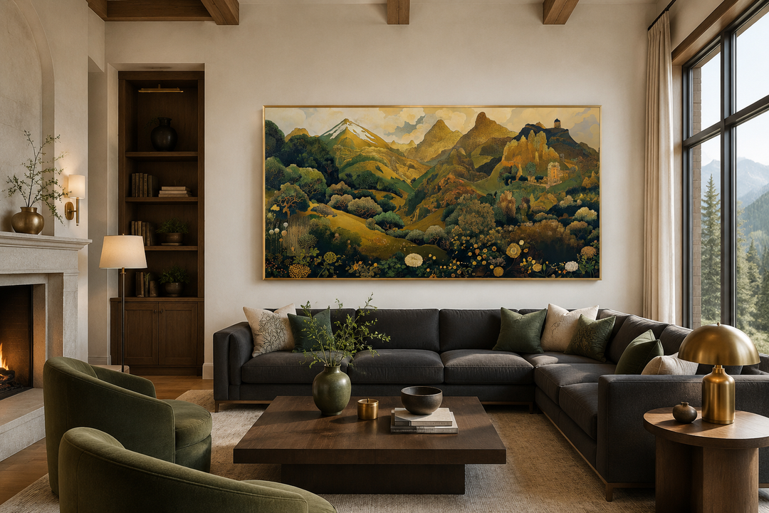 Green Gold Art Nouveau Floral Landscape Framed Canvas Wall Art hanging above a dark grey sofa.