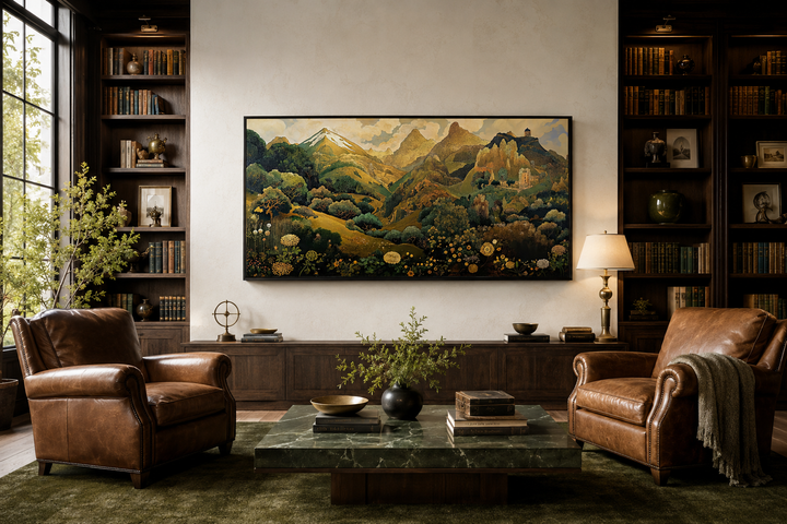 Green gold Art Nouveau floral landscape framed canvas wall art above a console in a library.
