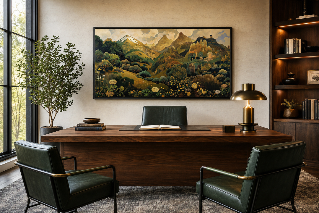 Green and gold Art Nouveau floral landscape framed canvas wall art hanging in a modern office.