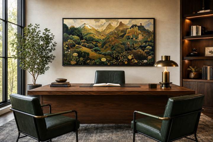 Green and gold Art Nouveau floral landscape framed canvas wall art hanging in a modern office.