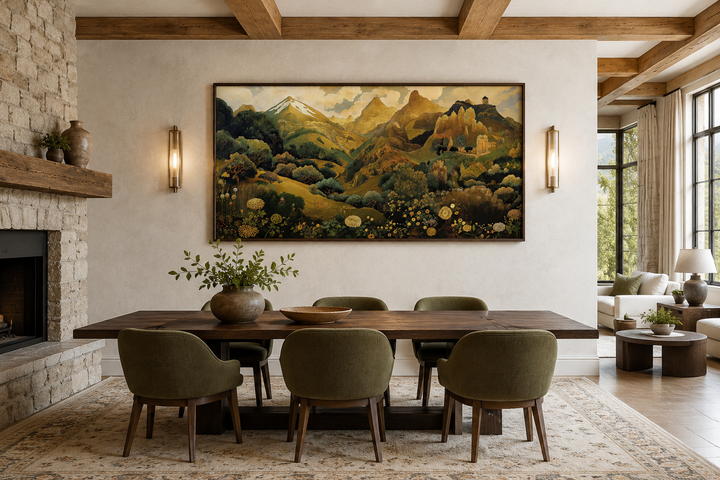 Green Gold Art Nouveau Floral Landscape Framed Canvas Wall Art above a dining table.