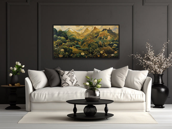 Green Gold Art Nouveau Floral Landscape Framed Canvas Wall Art