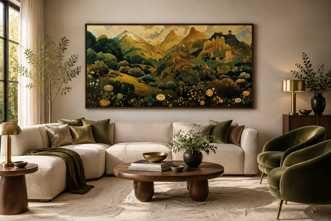 Green gold Art Nouveau floral landscape framed canvas wall art hanging above a white sectional sofa.