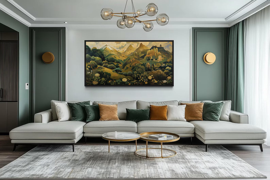 Green Gold Art Nouveau Floral Landscape Framed Canvas Wall Art above a modern sofa in a living room.