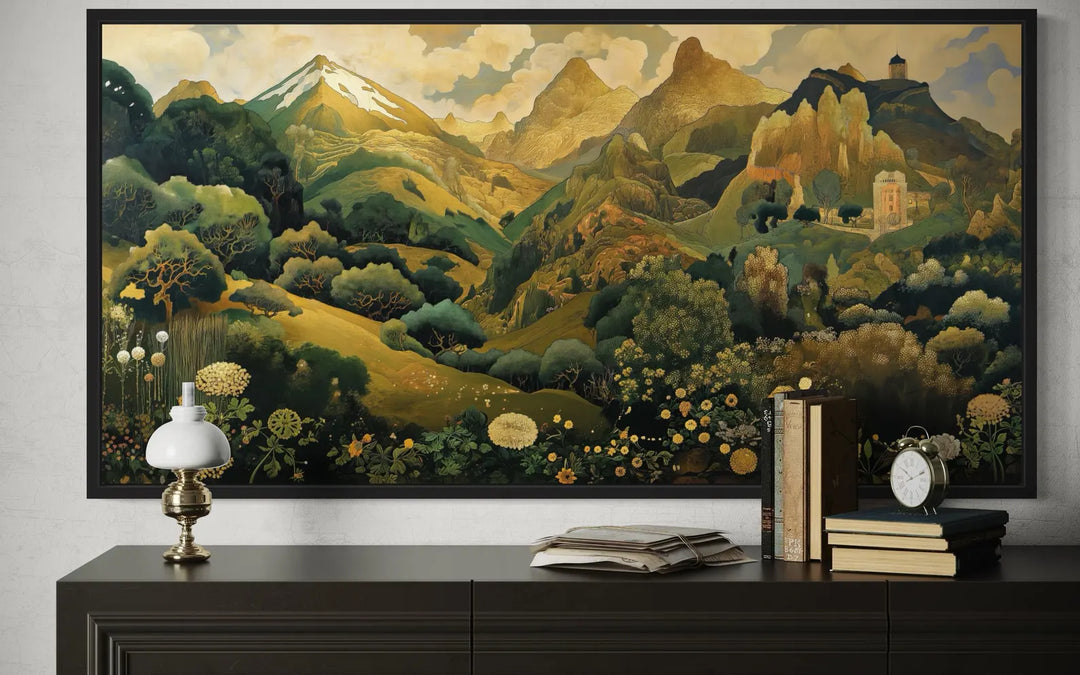 Green Gold Art Nouveau Floral Landscape Framed Canvas Wall Art above a dark wood sideboard.