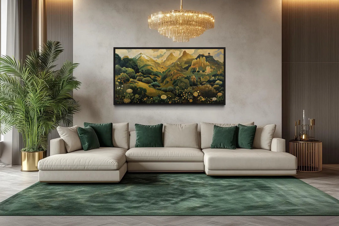 Green and gold Art Nouveau floral landscape framed canvas wall art above a cream sectional sofa.