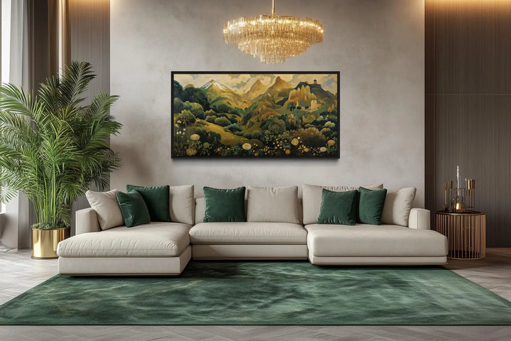 Green and gold Art Nouveau floral landscape framed canvas wall art above a cream sectional sofa.
