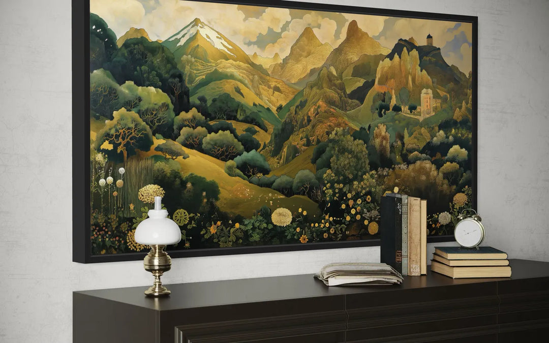 Green gold Art Nouveau floral landscape framed canvas wall art hanging above a dark wood dresser.