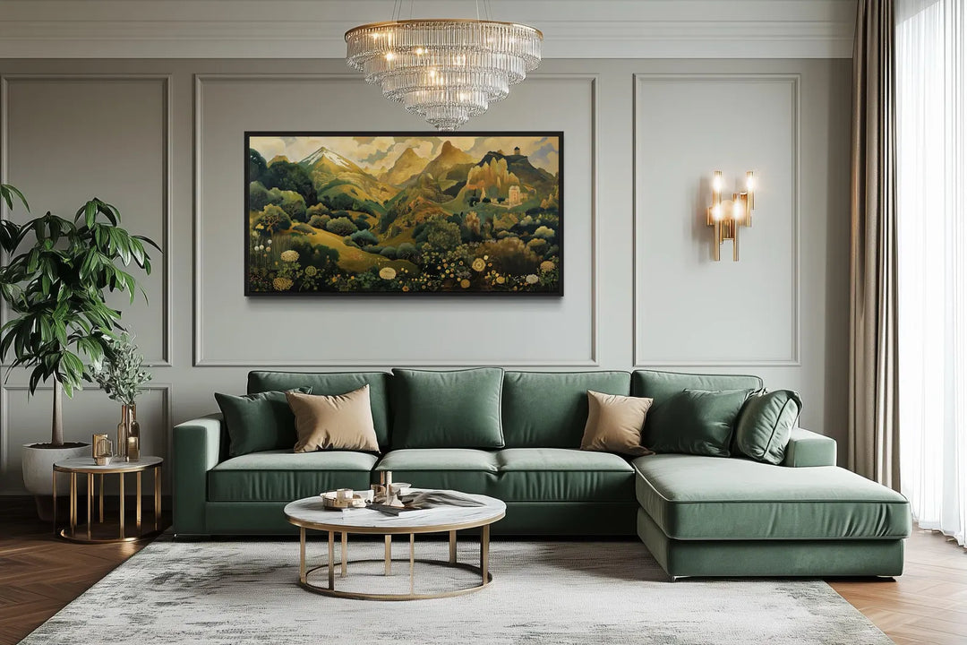 Green Gold Art Nouveau Floral Landscape Framed Canvas Wall Art hanging above a green velvet sofa.