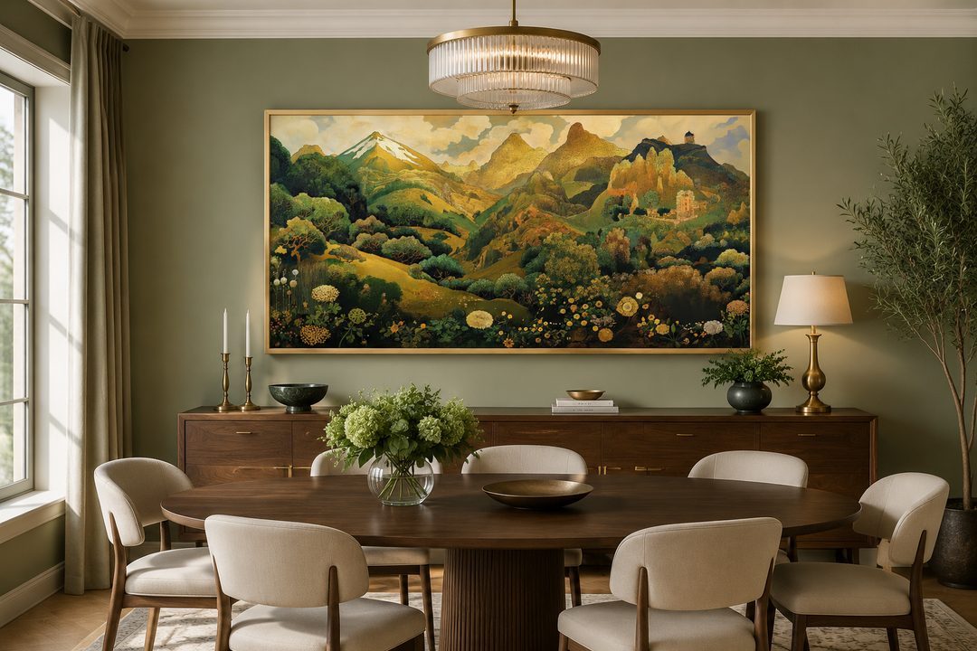 Green and gold Art Nouveau floral landscape framed canvas wall art above a dining room sideboard.