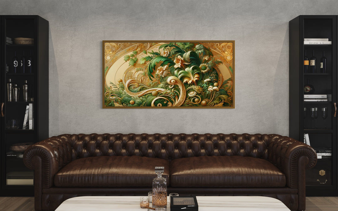 Green Gold Art Nouveau Flowers Framed Canvas Wall Art