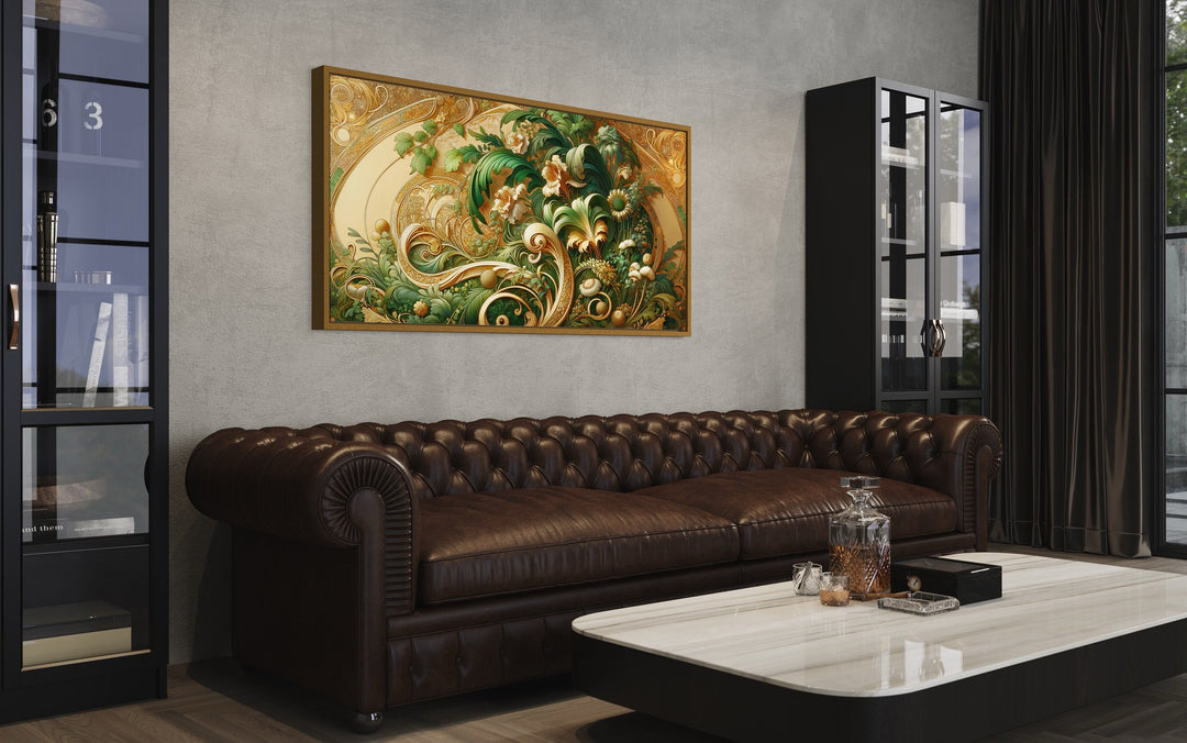 Green Gold Art Nouveau Flowers Framed Canvas Wall Art